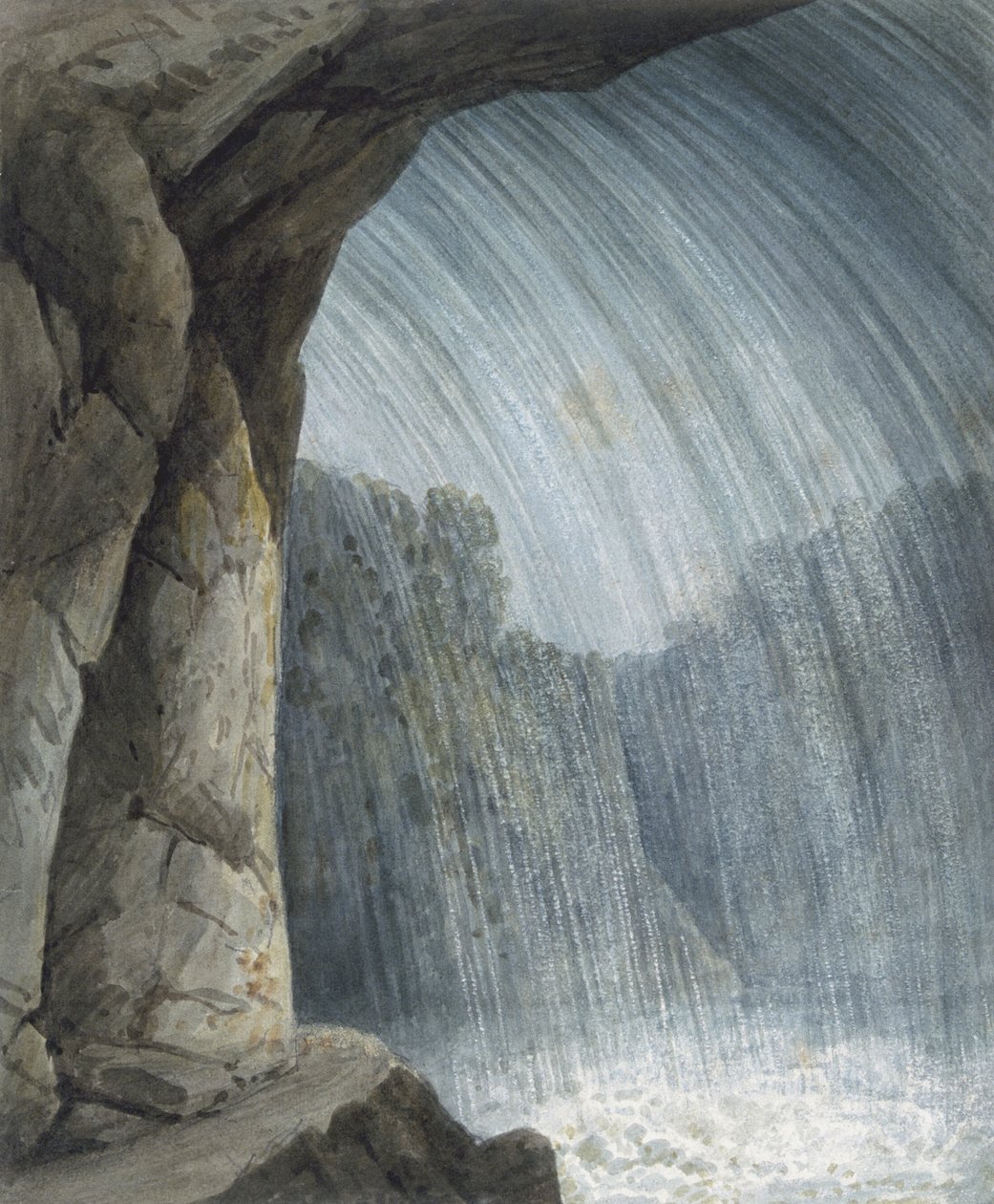 Under kaskaden (akvarel og kridt på papir) af Thomas Hornor