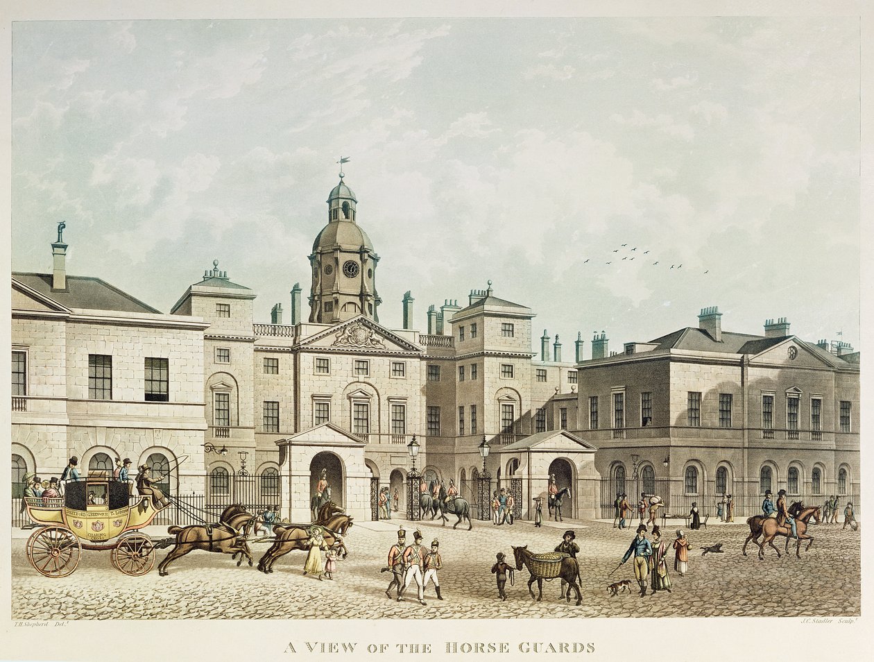 En udsigt over Horse Guards fra Whitehall graveret af J.C Sadler af Thomas Hosmer Shepherd