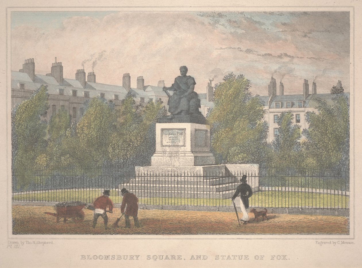 Bloomsbury Square med statue af ræven, indgraveret af Charles Mottram (1806-76) af Thomas Hosmer Shepherd