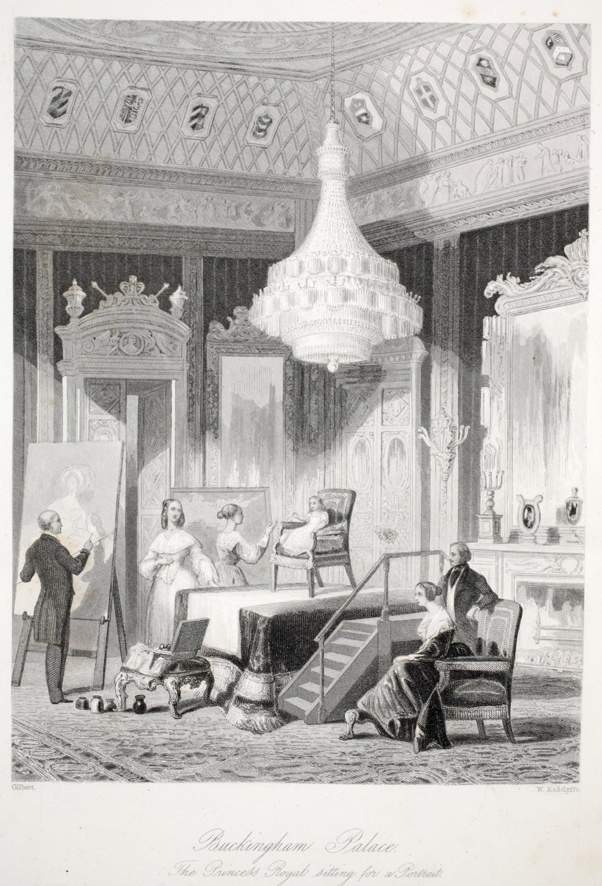 Buckingham Palace - The Princess Royal sidder til et portræt, fra London Interiors med deres Costumes and Ceremonies pub. Joseph Mead, London, c.1843 stålgravering af Thomas Hosmer Shepherd