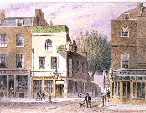 Carved Red Lion Inn, Islington Green, dateret til hus 1660 af Thomas Hosmer Shepherd
