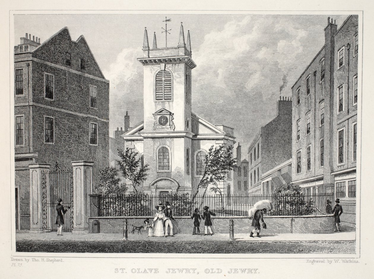 Church of St Olave Jewry, Old Jewry, fra London og dets omgivelser i pubben fra det nittende århundrede. Jones und Co., 1827-1829 af Thomas Hosmer Shepherd