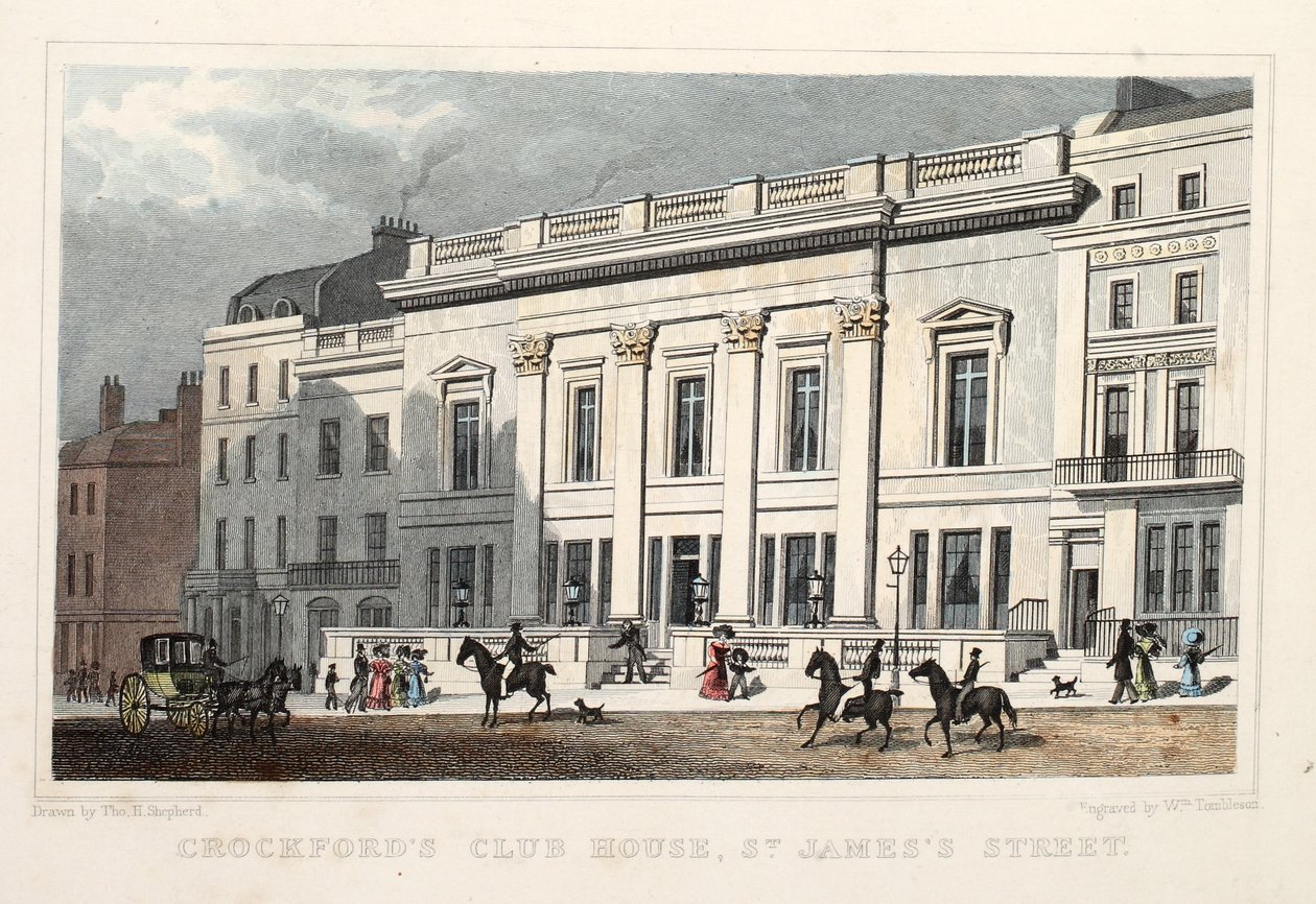 Crockfords Club House, St. James Street. Pub. 1828 (håndfarvet gravering) af Thomas Hosmer Shepherd