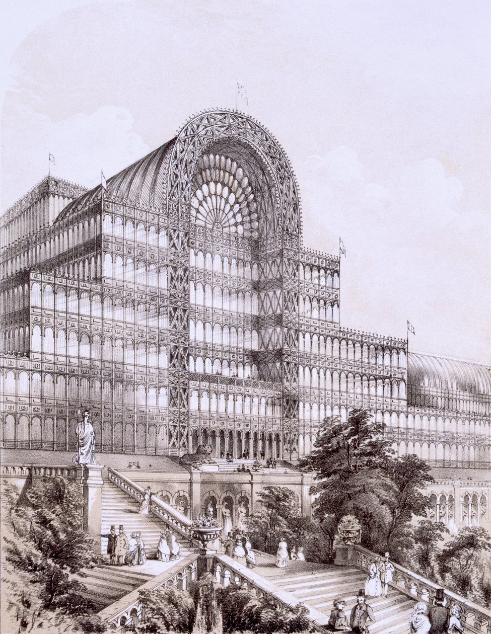 Crystal Palace ved Sydenham, fronten af det store tværskib, ca. 1851-55 af Thomas Hosmer Shepherd