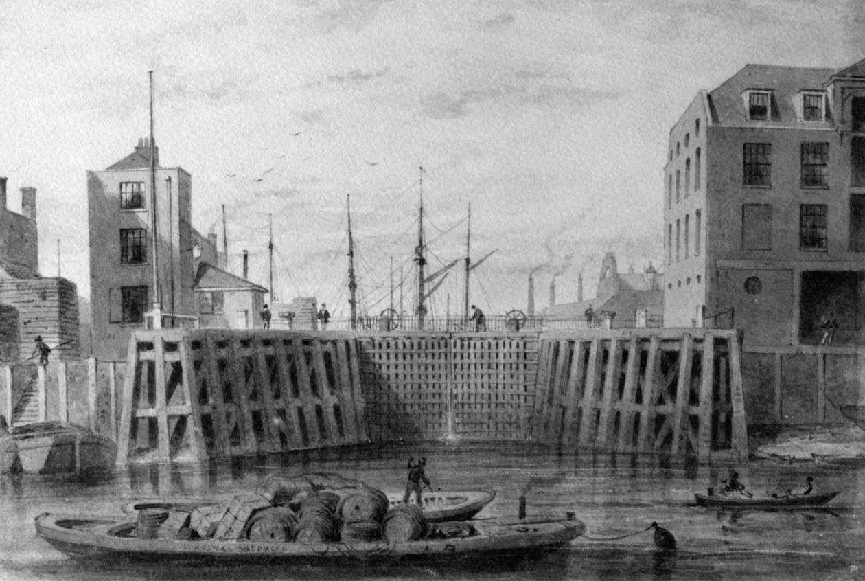 Indgang til Limehouse Dock, 1850 (pen, blæk og vask på papir) af Thomas Hosmer Shepherd
