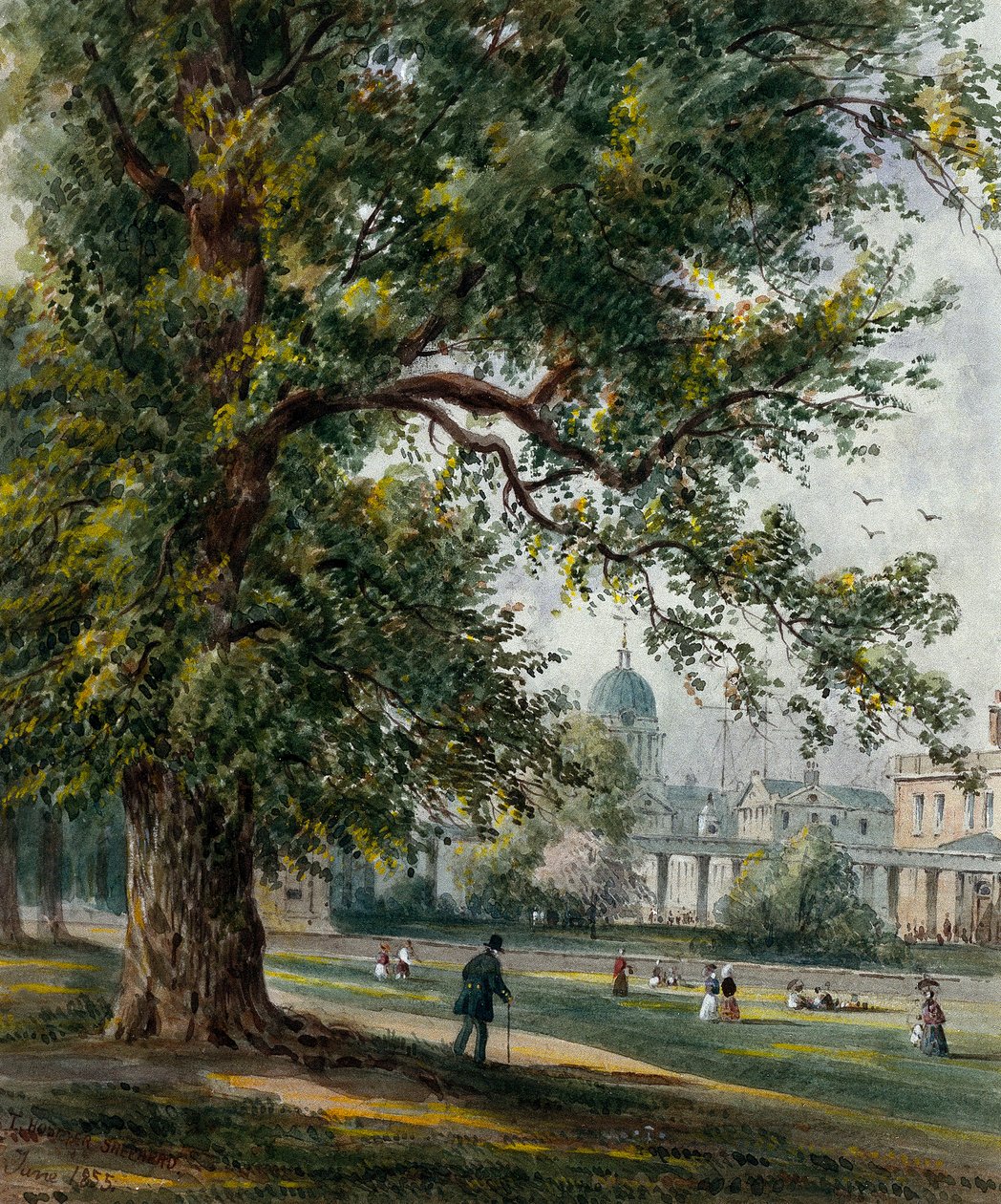 Greenwich Hospital fra parken, juni 1855 (akvarel med grafit) af Thomas Hosmer Shepherd