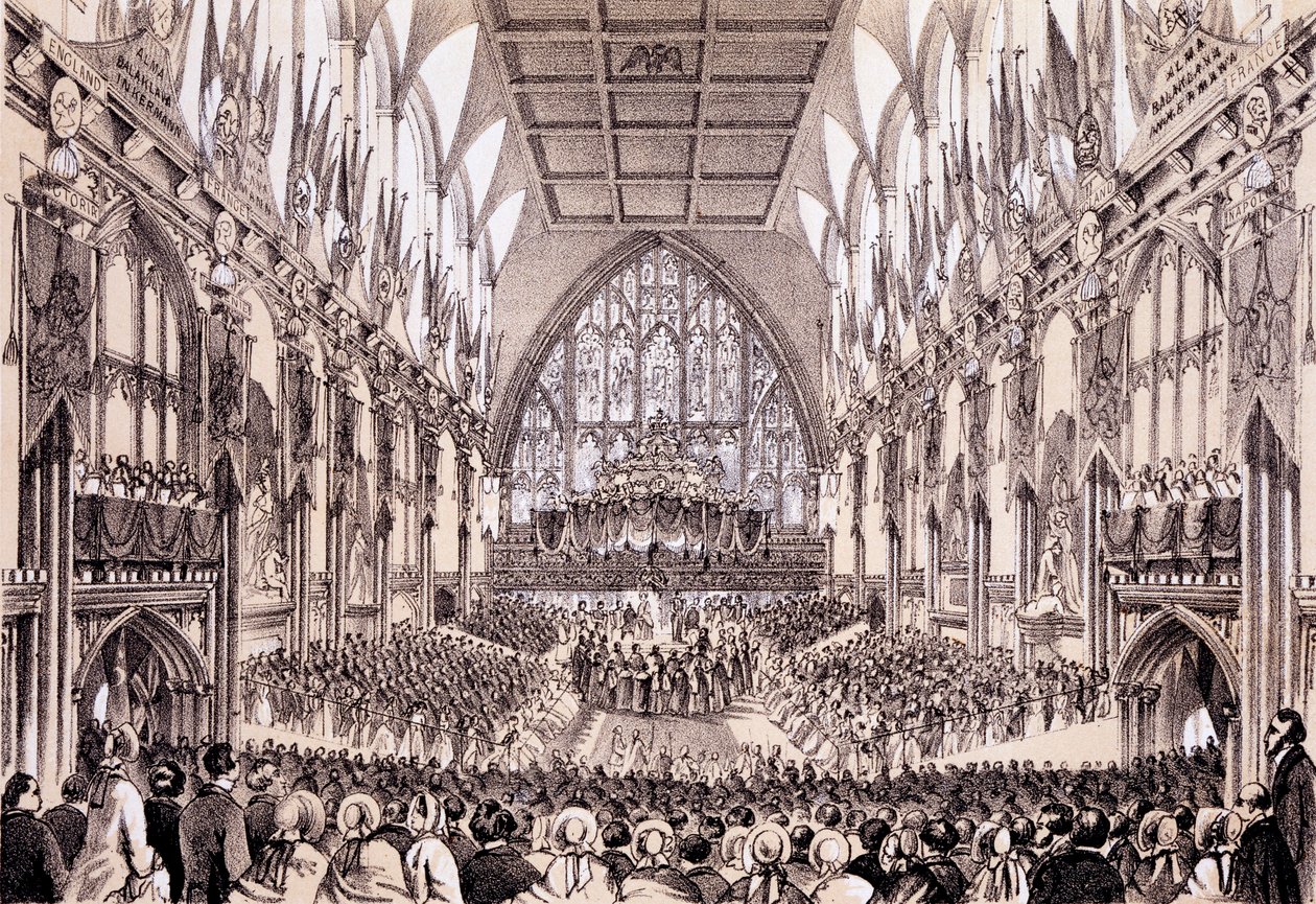 Interior of the Guildhall - Lord Mayor and Corporation præsenterer deres tale til Emperor und Empress of the French, 19. april 1855 af Thomas Hosmer Shepherd