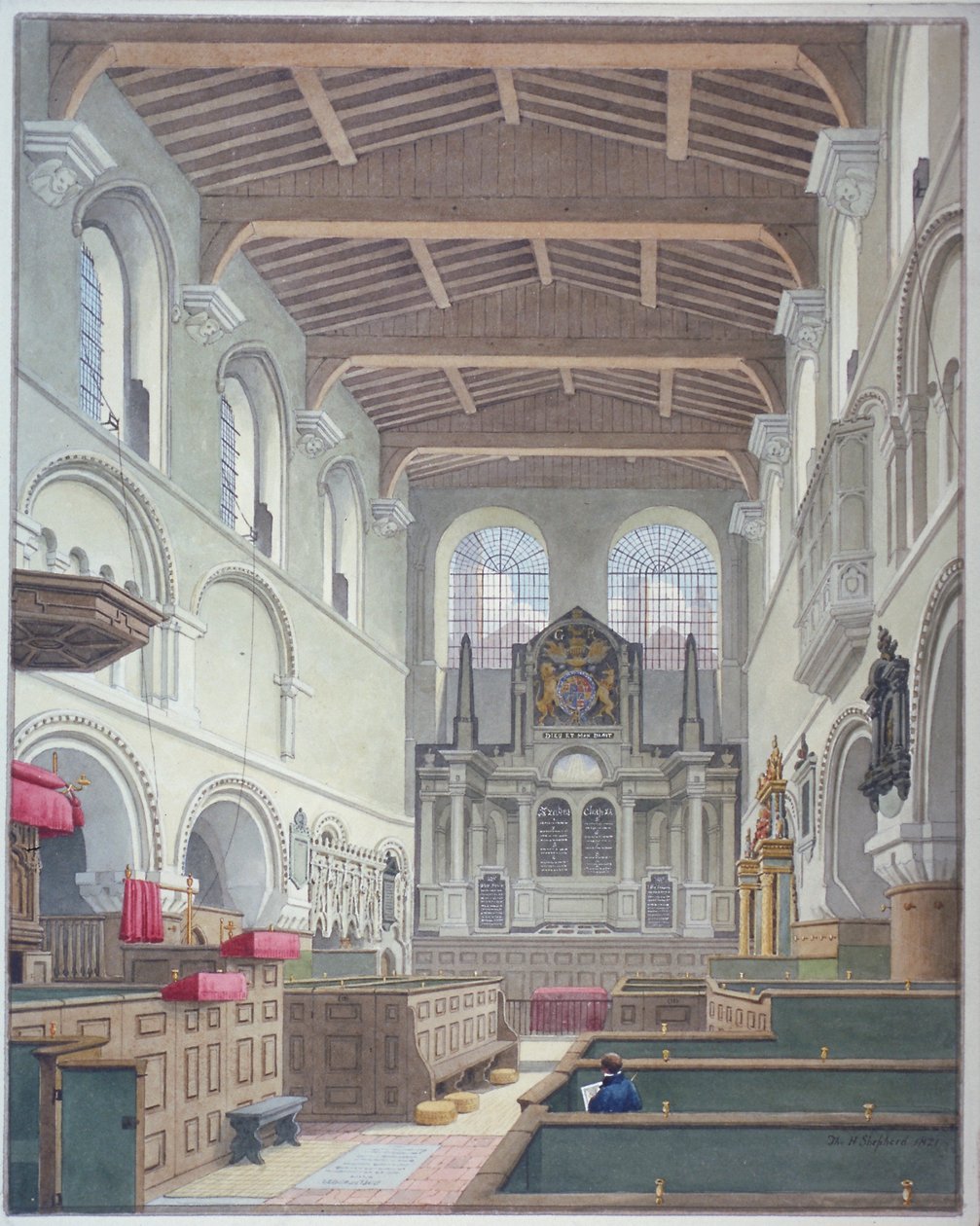 Indvendigt billede af Church of St Bartholomew-the-Great, Smithfield, City of London, 1821. af Thomas Hosmer Shepherd