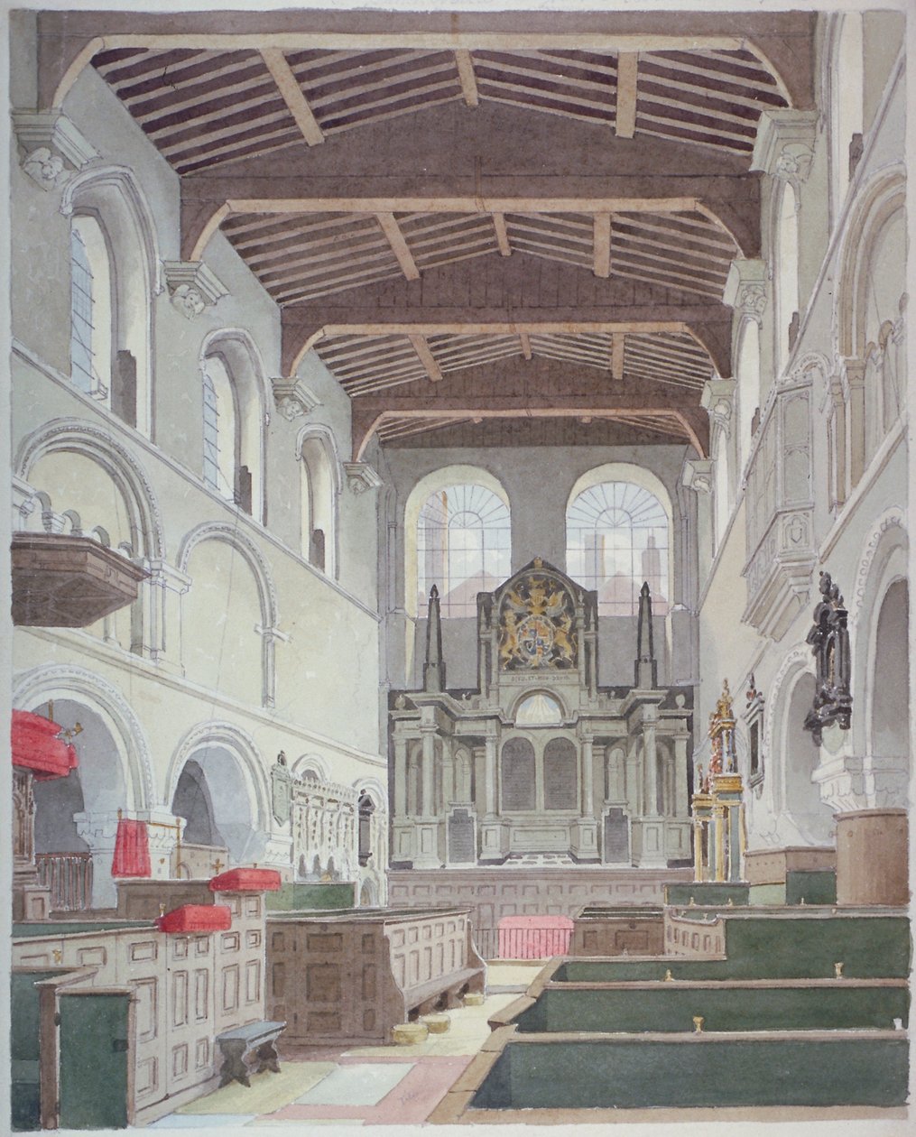 Indvendigt billede af Church of St Bartholomew-the-Great, Smithfield, City of London, 1821. af Thomas Hosmer Shepherd