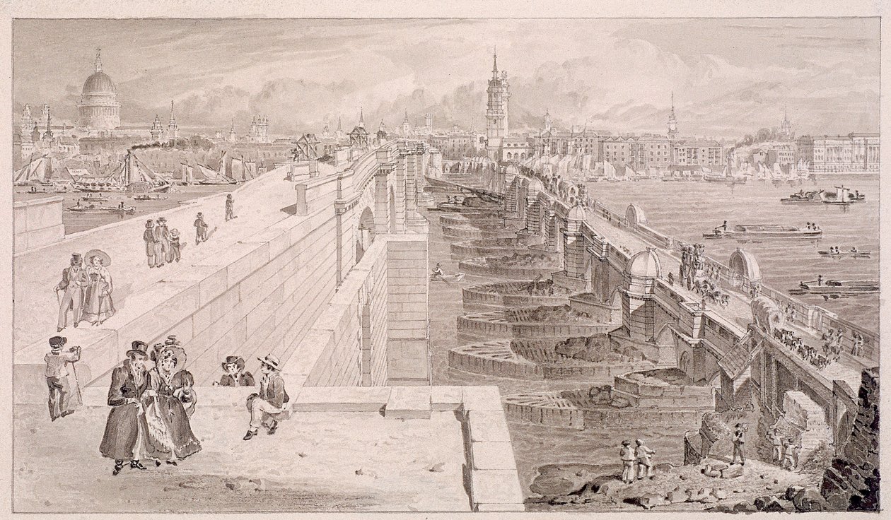 London Bridge gammel og ny, London, 1831 af Thomas Hosmer Shepherd