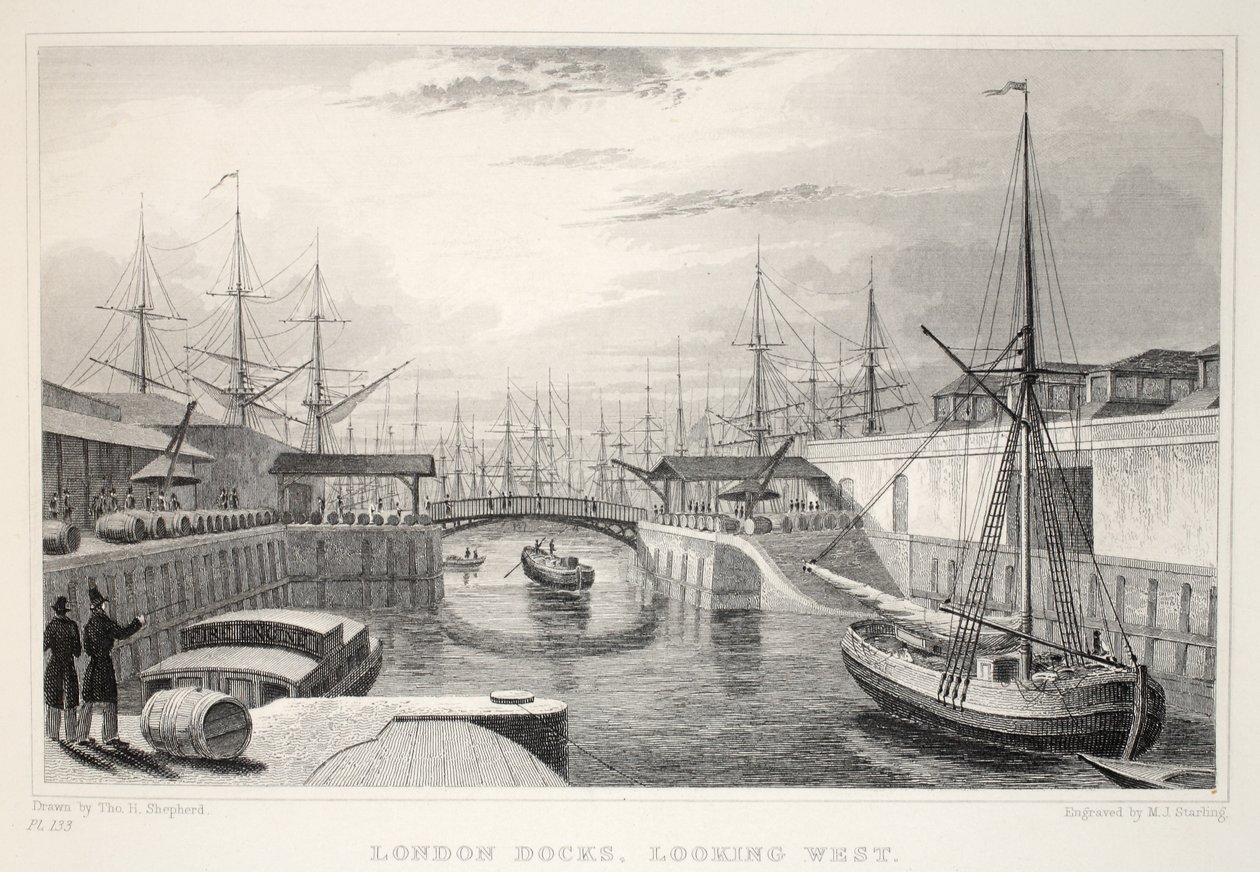London Docks, set mod vest, fra puben "London and it