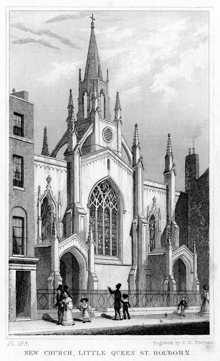 New Church, Little Queen Street, Holborn, London, 1800-tallet. af Thomas Hosmer Shepherd