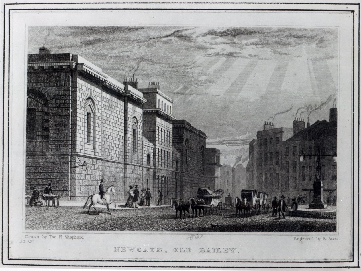 Newgate-fængslet og Old Bailey, indgraveret af Robert Acon, 1831 af Thomas Hosmer Shepherd