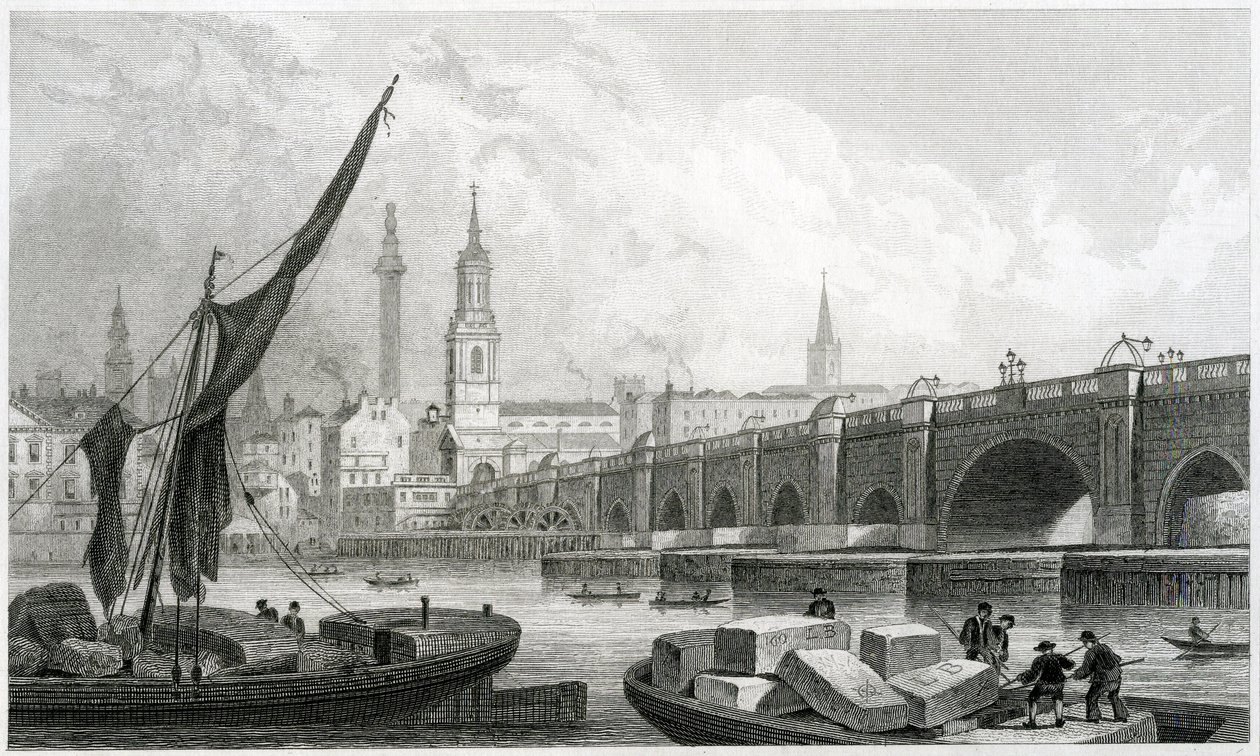 Old London Bridge, fra Southwark, 1829 af Thomas Hosmer Shepherd