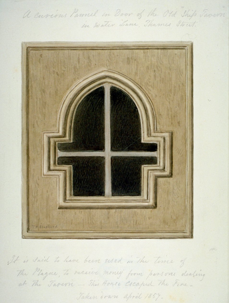 Panel i døren til Ship Tavern, Water Lane, City of London, 1857. af Thomas Hosmer Shepherd