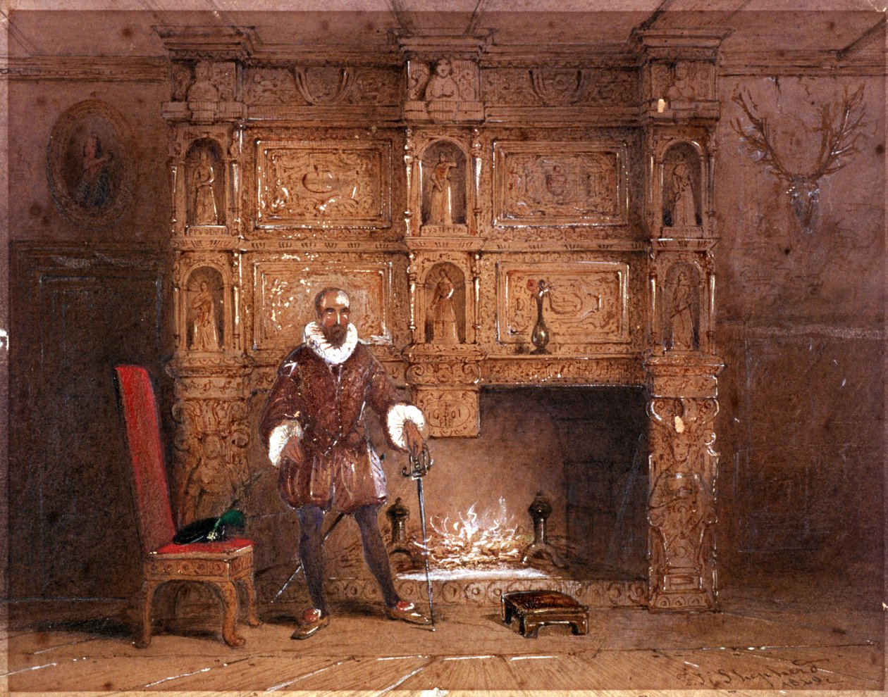 Muligvis Sir John Spencer i Canonbury House, eller Sir Walter Raleigh i Old Pied Bull Inn, 1849 af Thomas Hosmer Shepherd