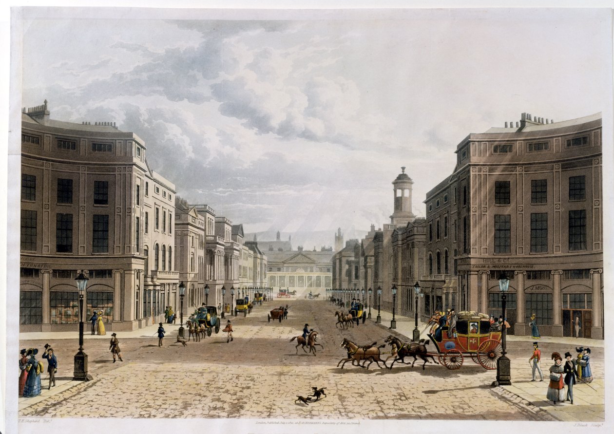 Regent Street, fra Piccadilly, indgraveret af J. Bluck (fl.1791-1831), pub. 1822 af Ackermanns 