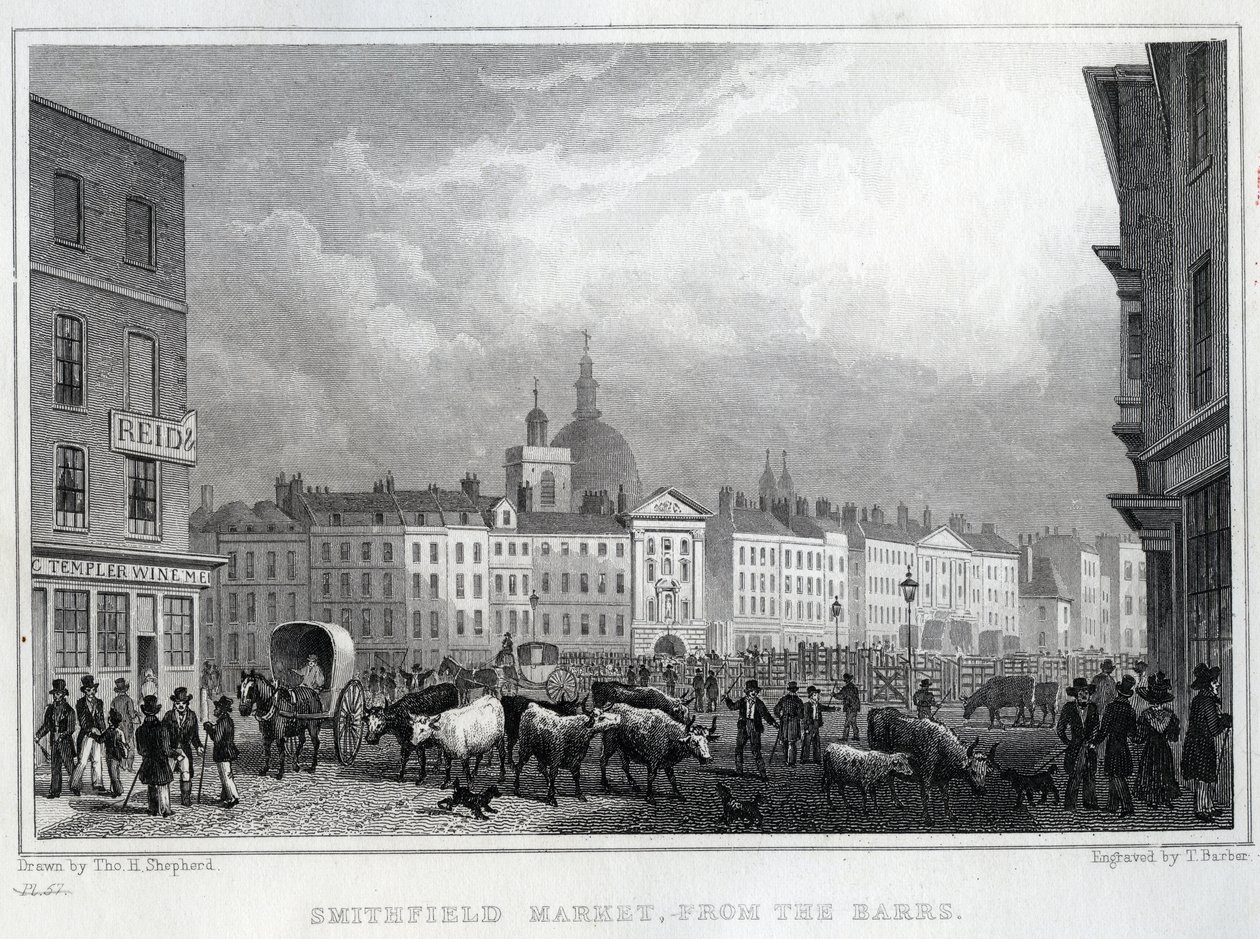 Smithfield Market from the Barrs, graveret af Thomas Barber, ca. 1830 af Thomas Hosmer Shepherd