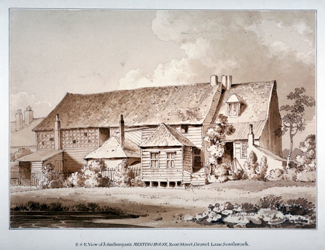 Sydøst udsigt over John Bunyans mødehus, Zoar Street, Southwark, London, 1813 af Thomas Hosmer Shepherd