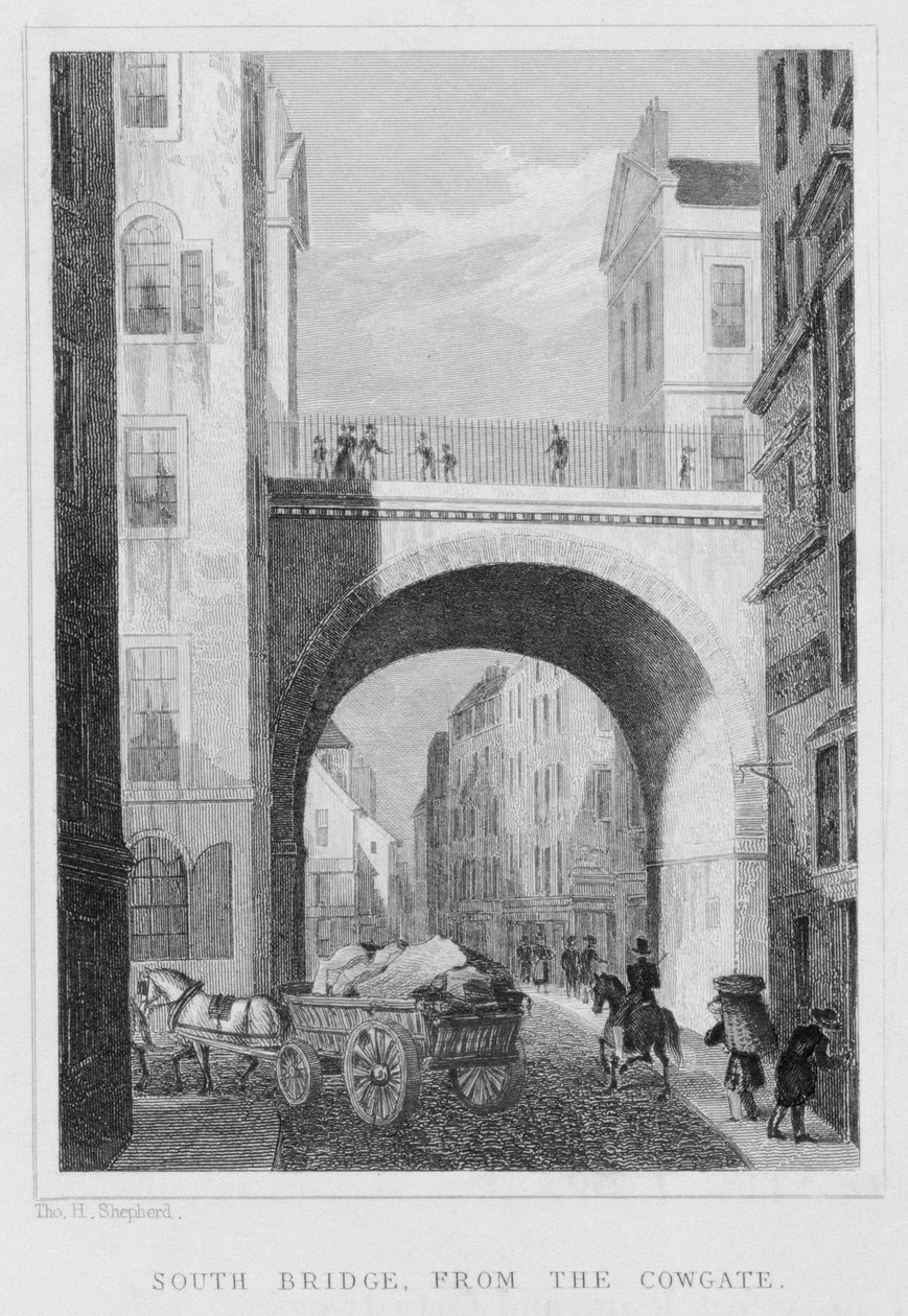 South Bridge fra Cowgate, Edinburgh graveret af William Watkins, 1831 af Thomas Hosmer Shepherd