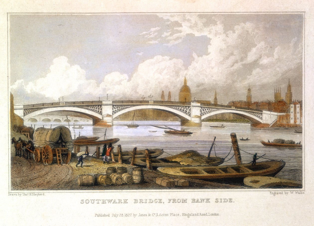 Southwark Bridge fra Bank Side, London, 1817 af Thomas Hosmer Shepherd