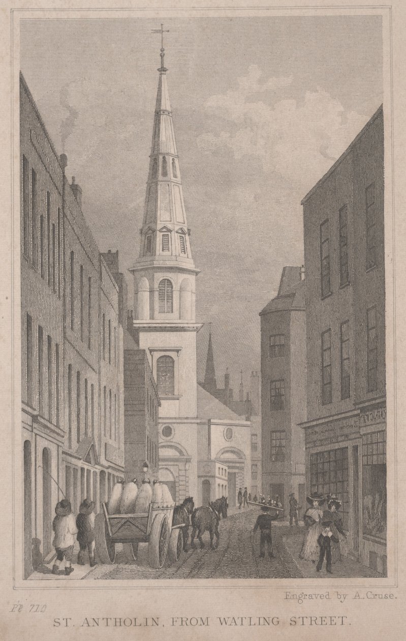 St. Antholin, fra Watling Street, indgraveret af A. Cruse, ca. 1830 (gravering) af Thomas Hosmer Shepherd