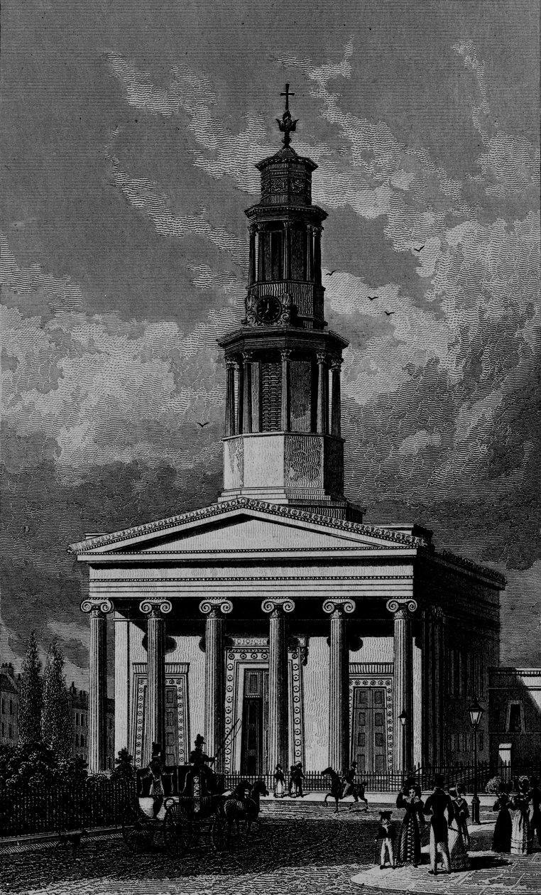 Pancrass Church, vestgavlen, graveret af James Tingle 1827 af Thomas Hosmer Shepherd