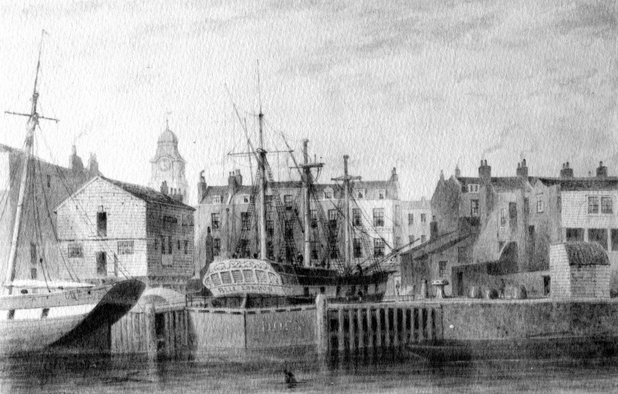 The Gun Dock at Wapping, 1850 (pen, blæk og vask på papir) af Thomas Hosmer Shepherd