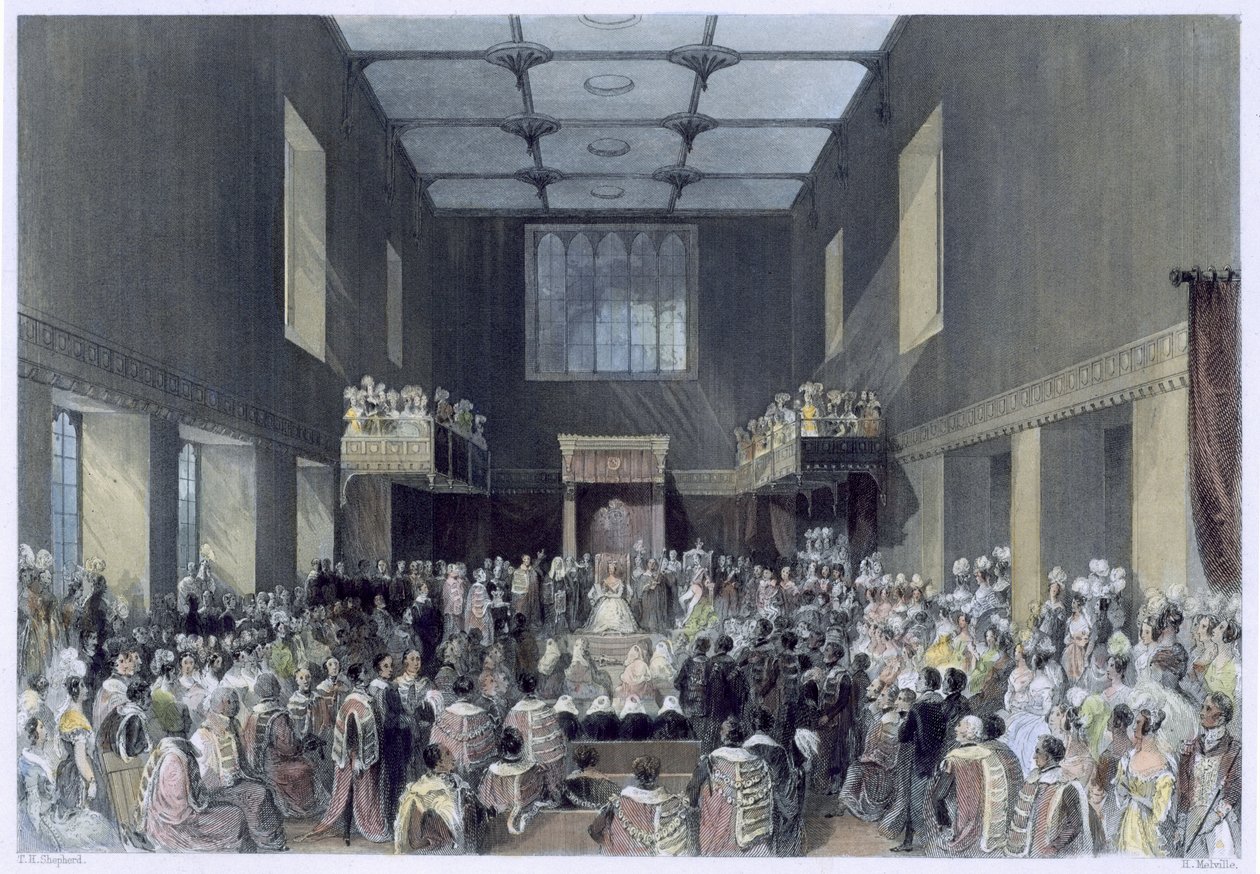 House of Lords, Hendes Majestæt åbner parlamentets session, indgraveret af Henry Melville (fl.1826-41), ca. 1840 af Thomas Hosmer Shepherd