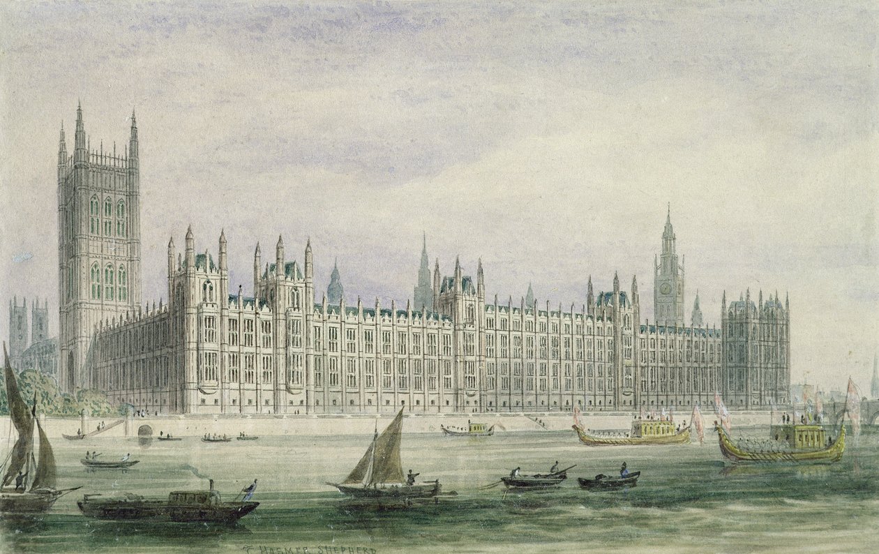 The Houses of Parliament (grafit, pen og blæk og wc på papir) af Thomas Hosmer Shepherd