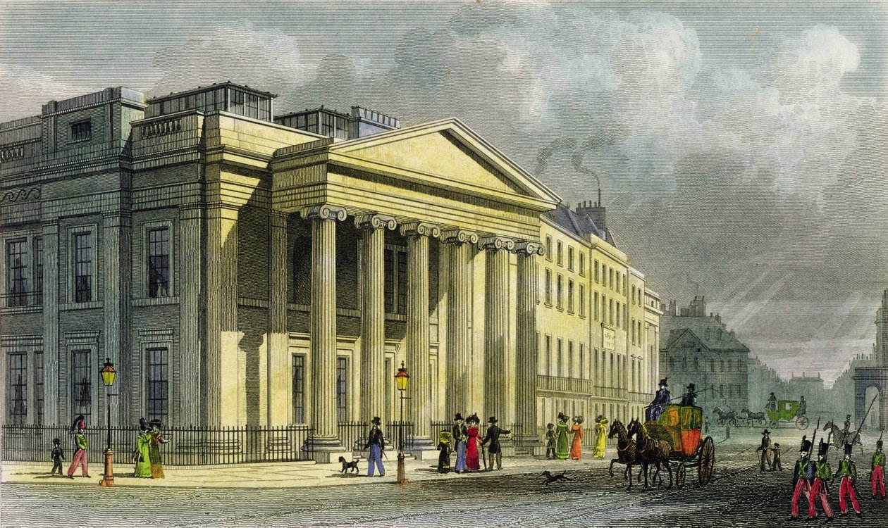 The New College of Physicians, Pall Mall, East, graveret af Thomas Barber (1768-1843) (farvegravering) af Thomas Hosmer Shepherd