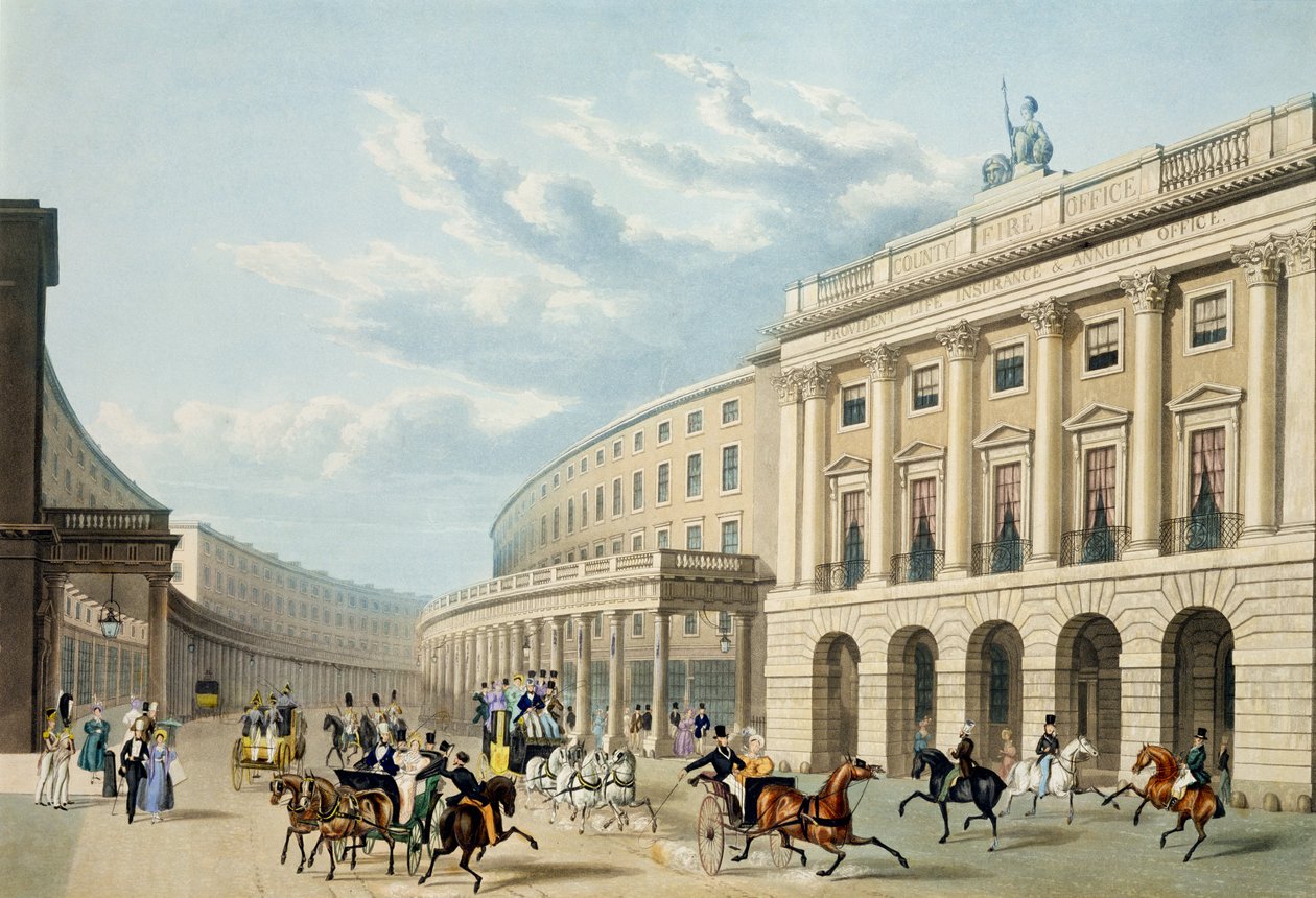 The Quadrant, Regent Street, set fra Piccadilly Circus, udgivet af Ackermann, ca. 1835-50 (akvaratinte i farver) (se også 105298) af Thomas Hosmer Shepherd