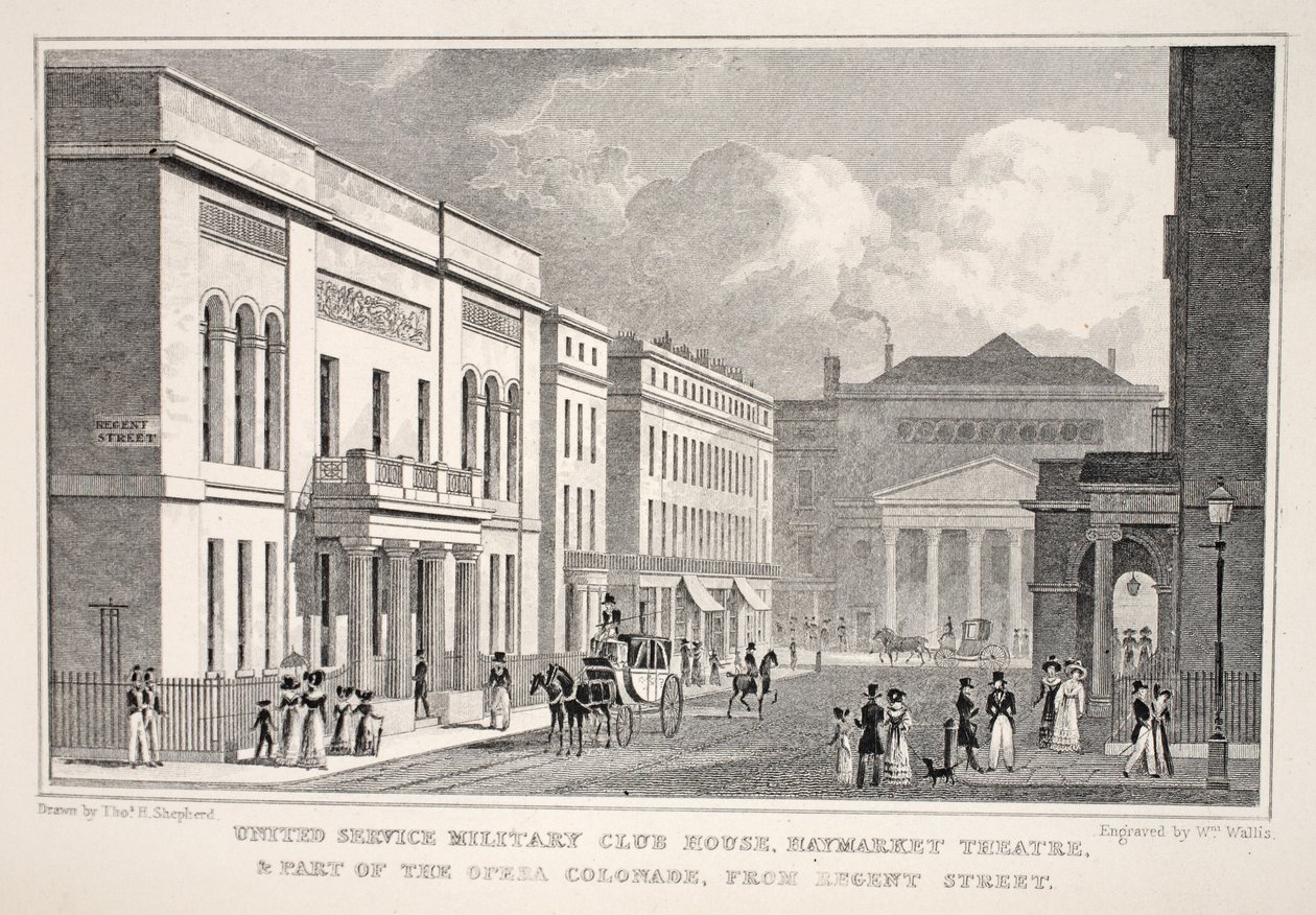 United Service Military Club House, Haymarket Theatre og en del af Opera Colonnade fra Regent Street, fra pubben 