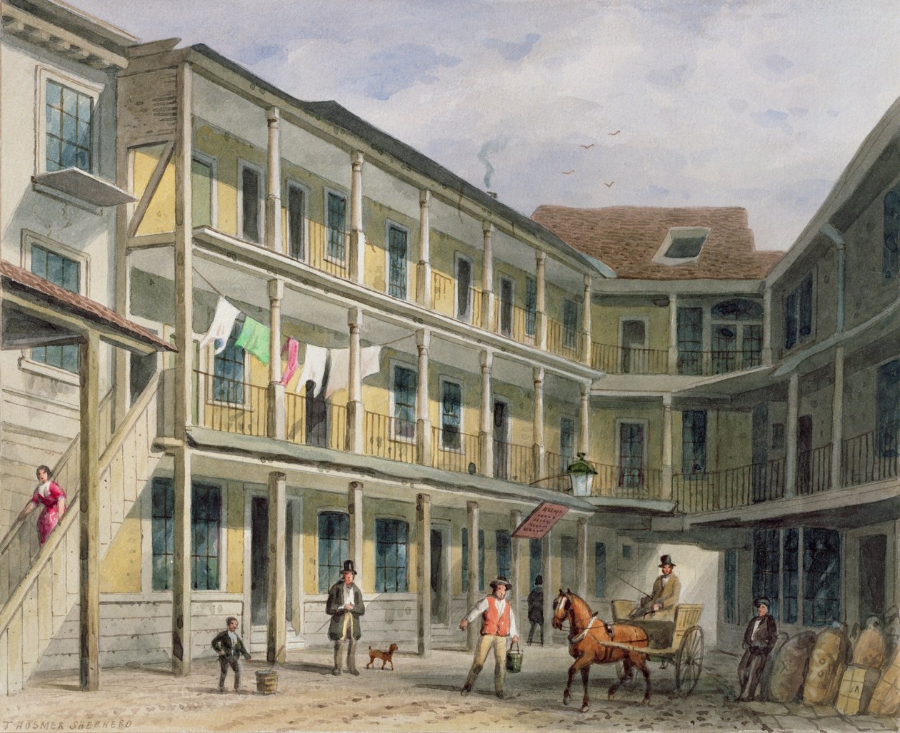 Udsigt over Blue Boar Inn-gården, nr.30 Aldgate, ca. 1850 af Thomas Hosmer Shepherd