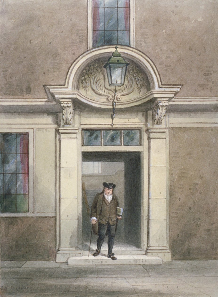 Udsigt over Dr. Johnsons dør og trappe, Inner Temple Lane, City of London, 1855. af Thomas Hosmer Shepherd