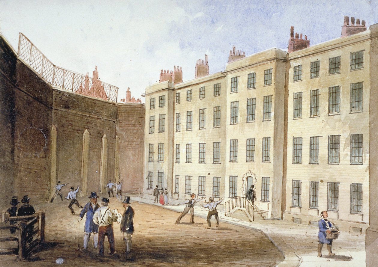 Udsigt over Fleet Prison fra tennisbanen, City of London, 1845 af Thomas Hosmer Shepherd
