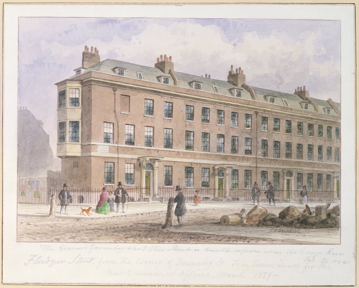 Udsigt over Fludyer Street mod Parliament Street, 1859 af Thomas Hosmer Shepherd