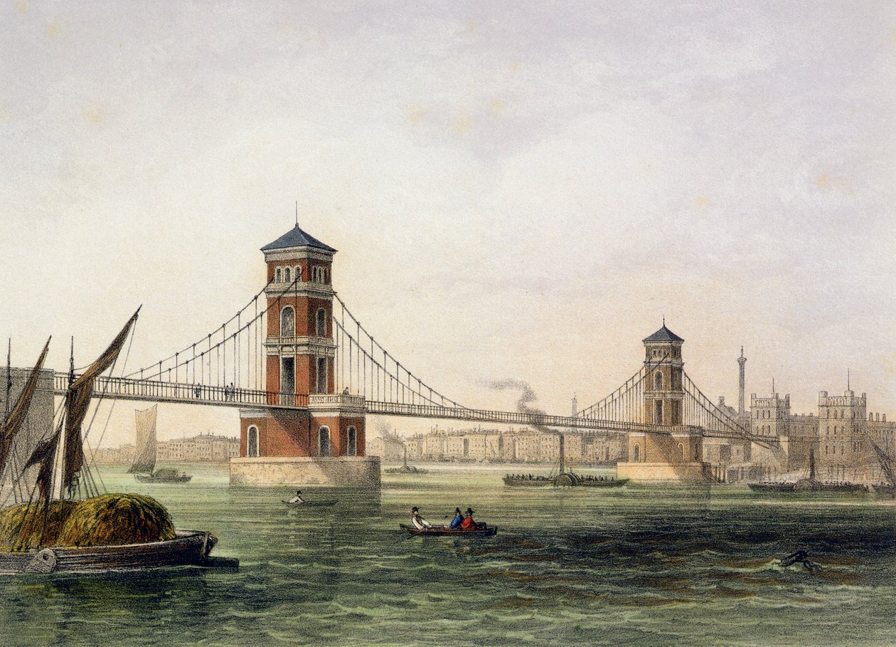 Udsigt over Hungerford Bridge fra øst, indgraveret af Jean Jacottet (1806-c.43) 1854 af Thomas Hosmer Shepherd