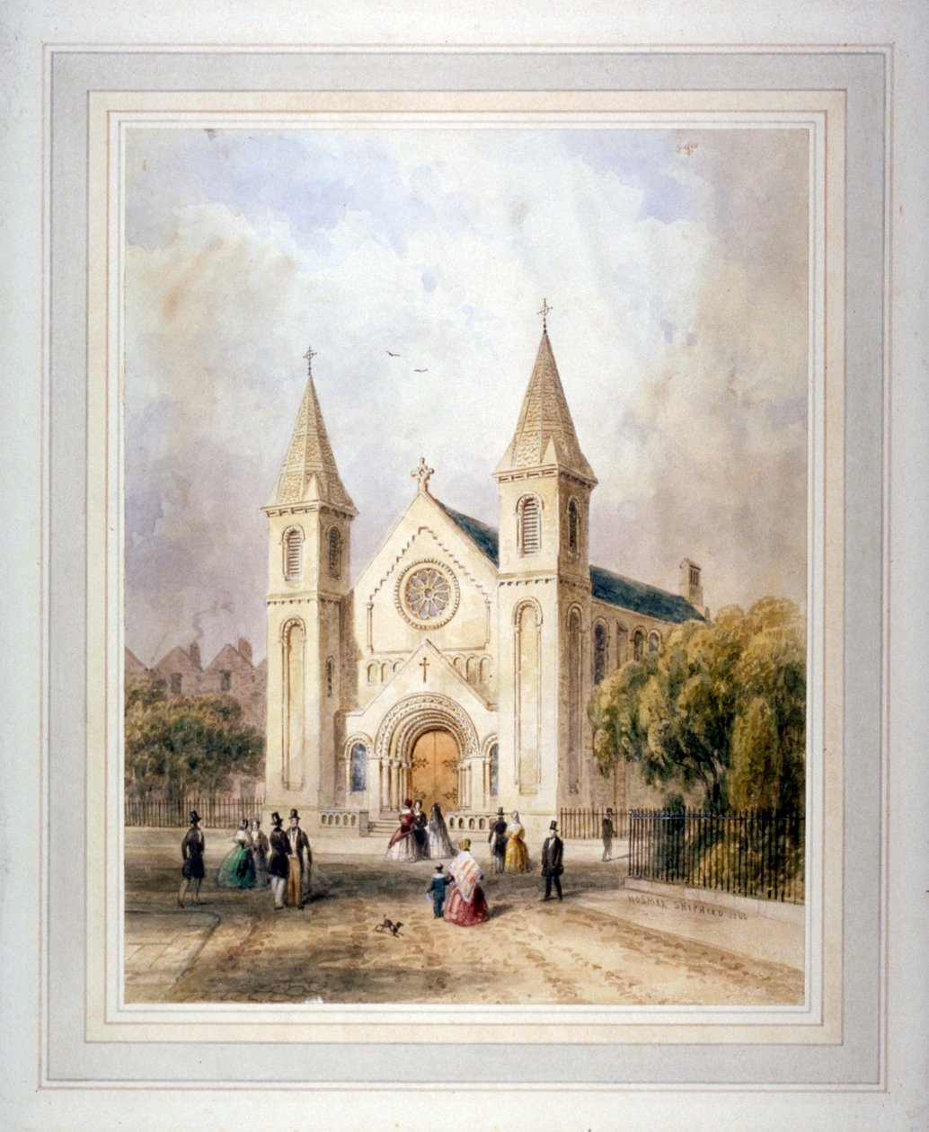 Udsigt over en ukendt religiøs bygning på Regent Square, St. Pancras, London, 1842. af Thomas Hosmer Shepherd