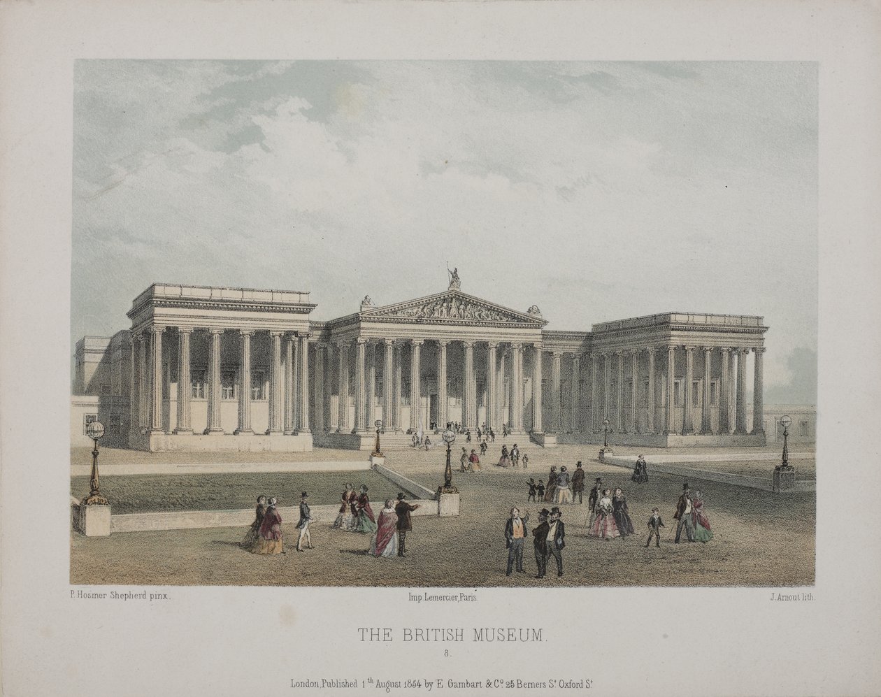 Udsigt over British Museum, med besøgende udenfor, 1854 af Thomas Hosmer Shepherd