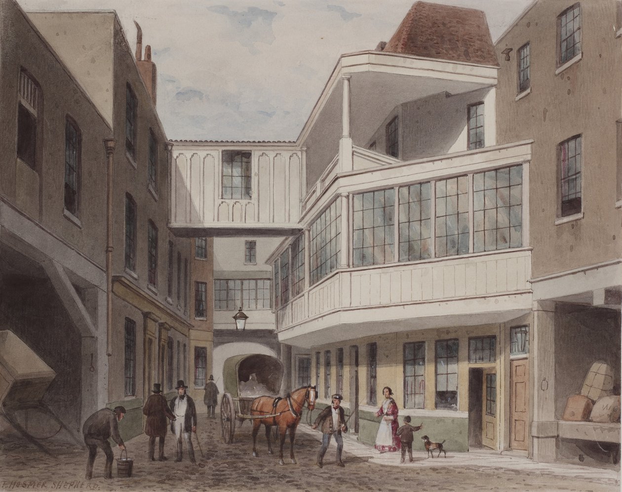 Udsigt over Cross Keys Tavern, Wood Street, ca. 1850 (wc på papir) af Thomas Hosmer Shepherd