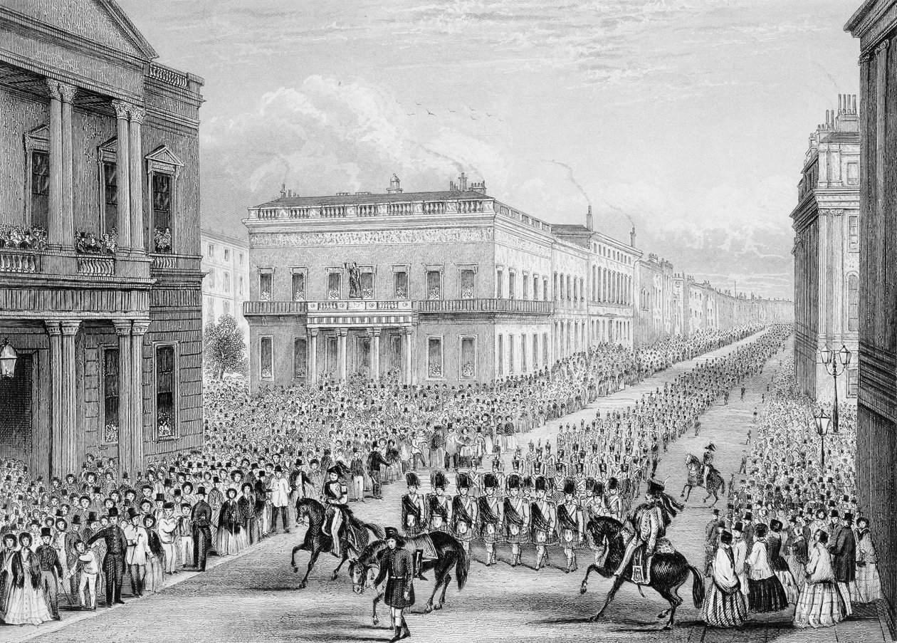 Wellingtons begravelsesproces, der passerer Senior United Service Club, Pall Mall, London, 1852 af Thomas Hosmer Shepherd