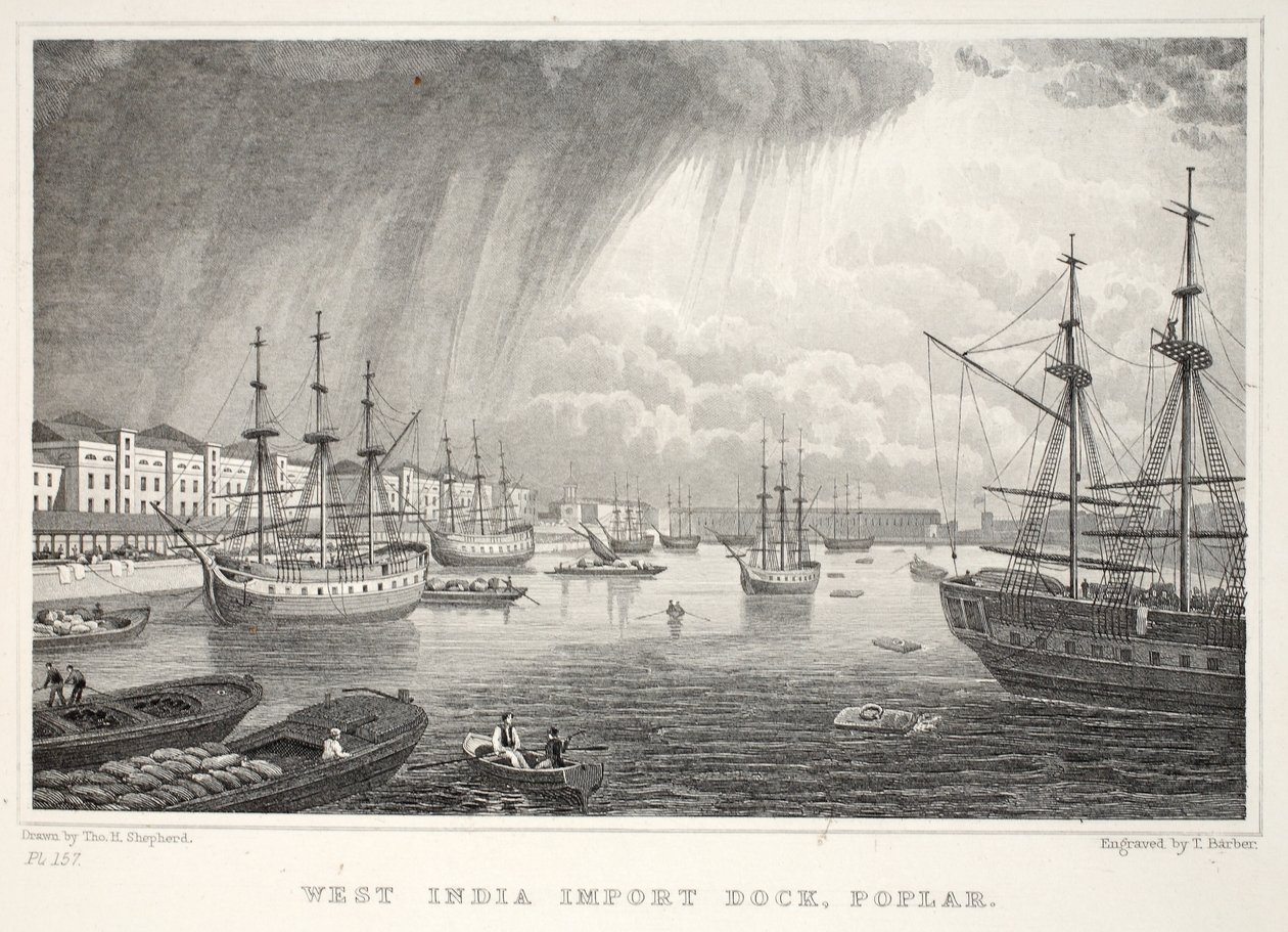 West India Docks, Isle of Dogs, fra London og dets omgivelser i pubben fra det nittende århundrede. Jones und Co., 1827-1829 af Thomas Hosmer Shepherd
