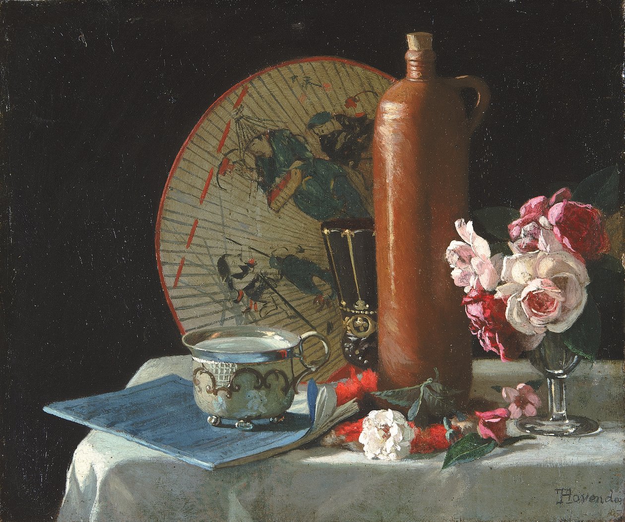 Stilleben med vifte og roser, 1874. af Thomas Hovenden