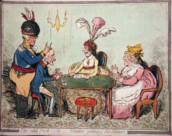 The Odd Trick, or Nunkee Gaining the Honours, udgivet af Hannah Humphrey i 1796 (håndfarvet radering) af Thomas Humphrey