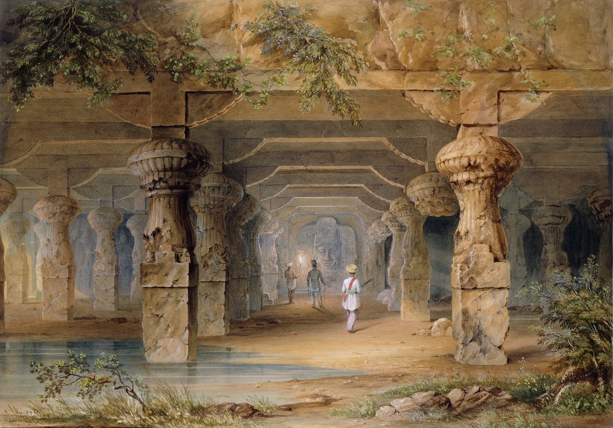 Det indre af den store hule, Elephanta, Bombay, 1800-tallet af Thomas J. Rawlins
