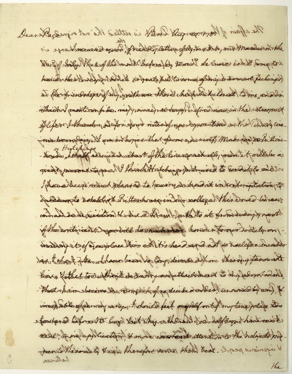 Autografbrev underskrevet som amerikansk minister til Frankrig, til Dr. John Page af Thomas Jefferson