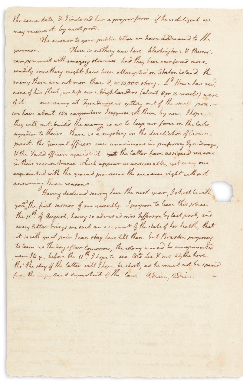Autografbrev til John Page, Philadelphia, 30. juli 1776 af Thomas Jefferson