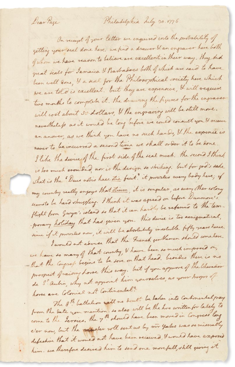 Autografbrev til John Page, Philadelphia, 30. juli 1776 af Thomas Jefferson