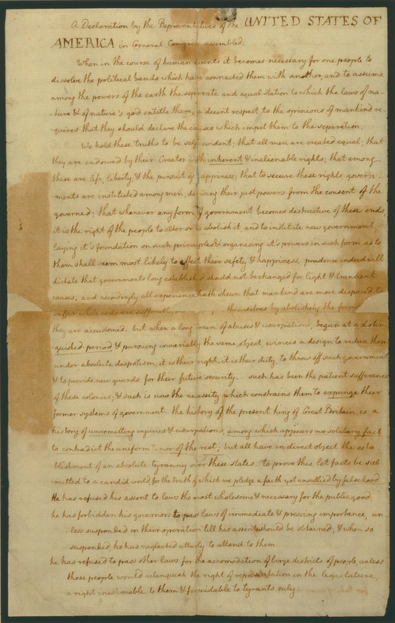 Udkast til uafhængighedserklæringen, 4. juli 1776 af Thomas Jefferson